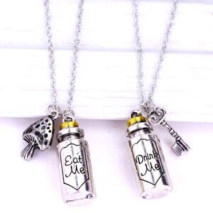 2 Alice in Wonderland Necklace Set Dream Eat Drink Me Bottle Fantasy Trip Disney